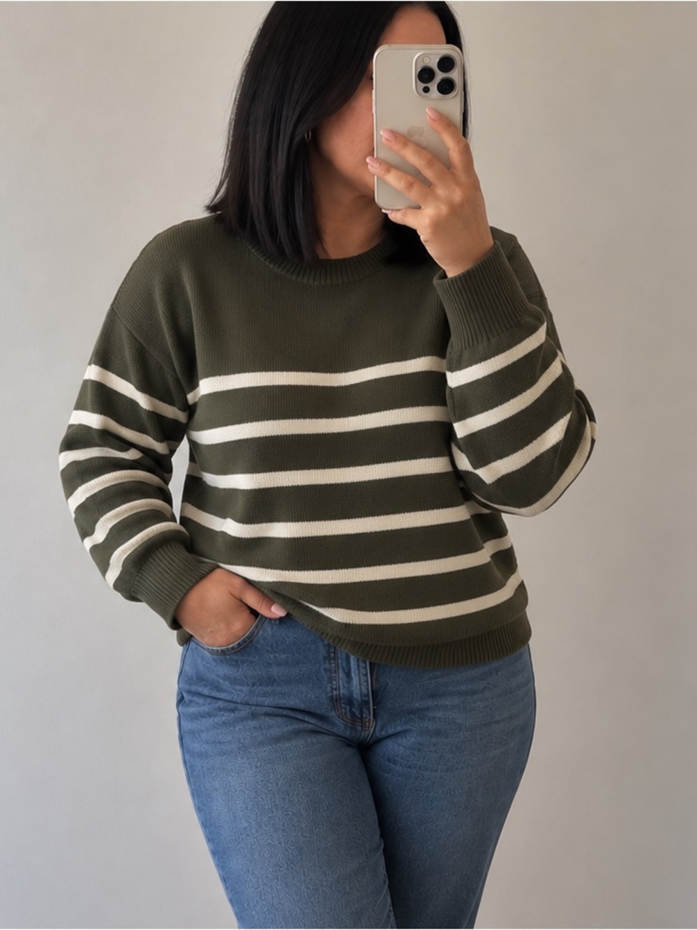 For The Republic Green and White Crewneck Sweater